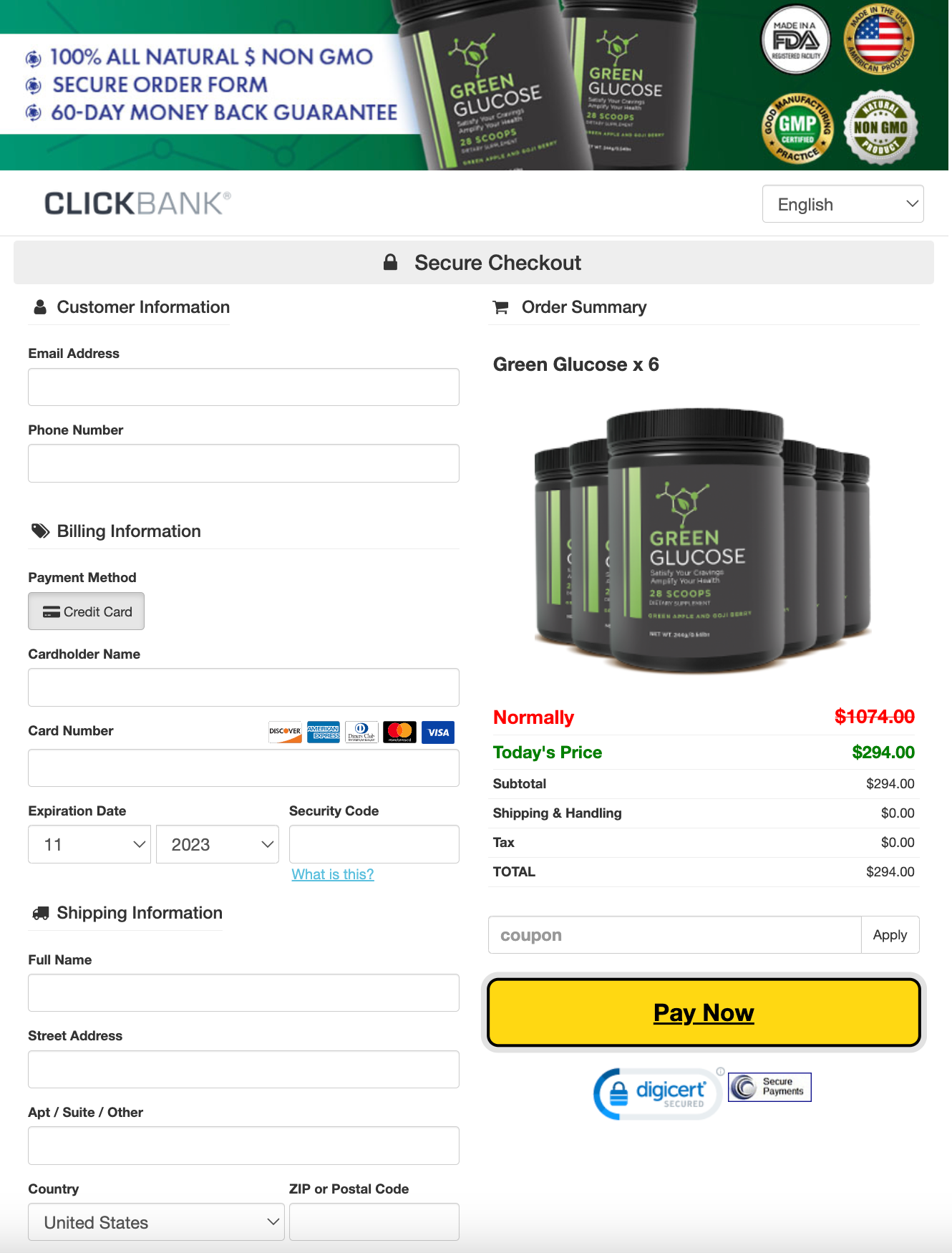 green glucose order page